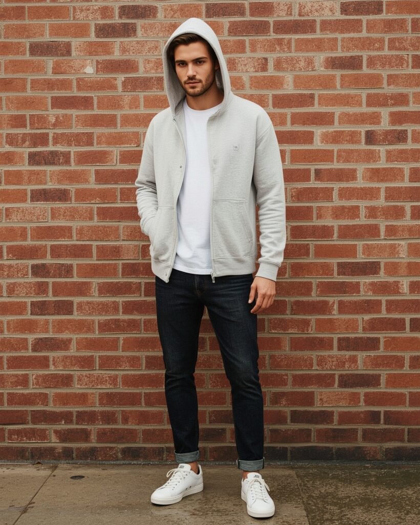 Man wearing a grey hoodie and white sneakers, standing in front of a brick wall in a stylish yet casual look.