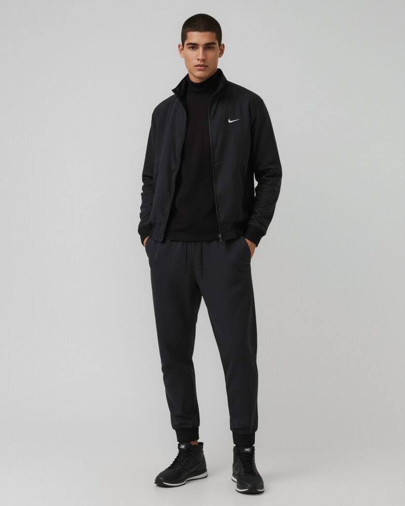 Man wearing a sleek black Nike tracksuit with joggers and sneakers, showcasing an athletic casual style.