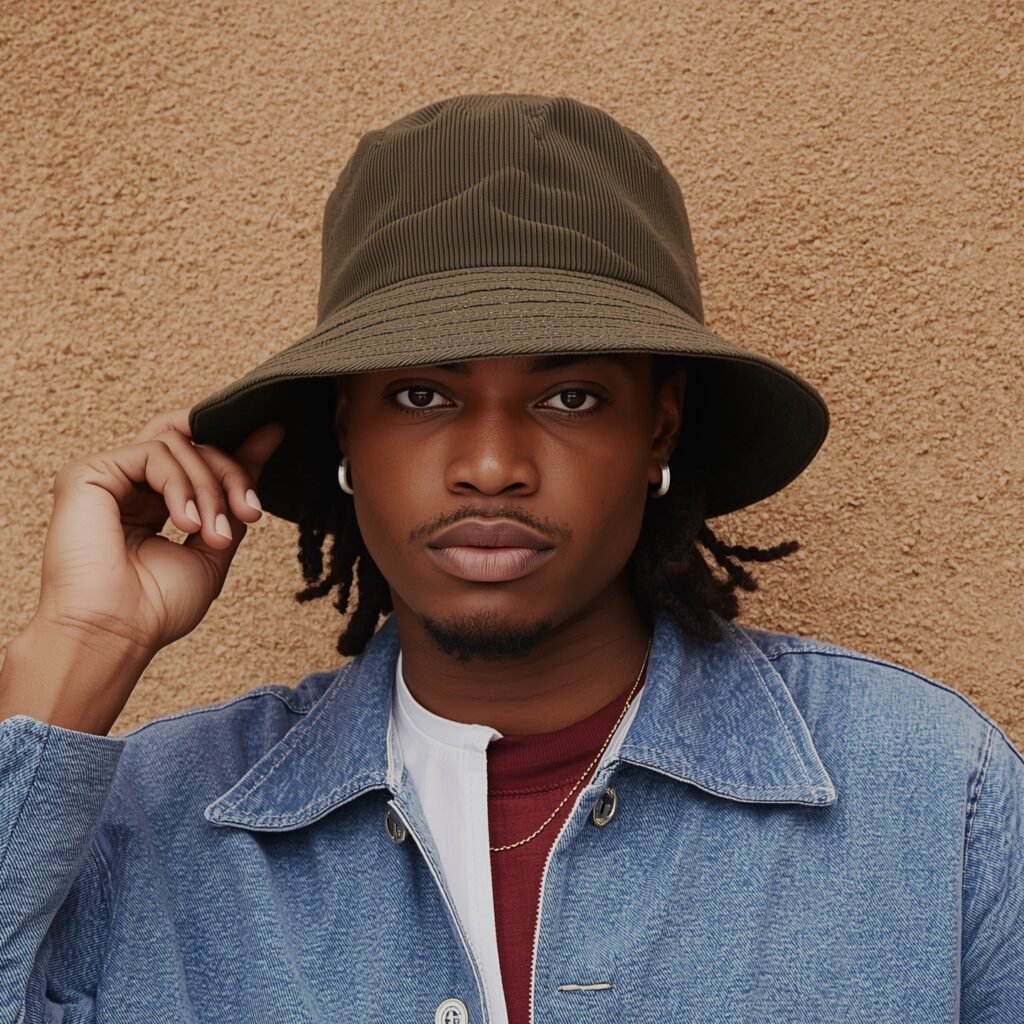 Close-up of a man wearing a corduroy bucket hat with a denim jacket, embracing 2025 Y2K-inspired headwear trends.