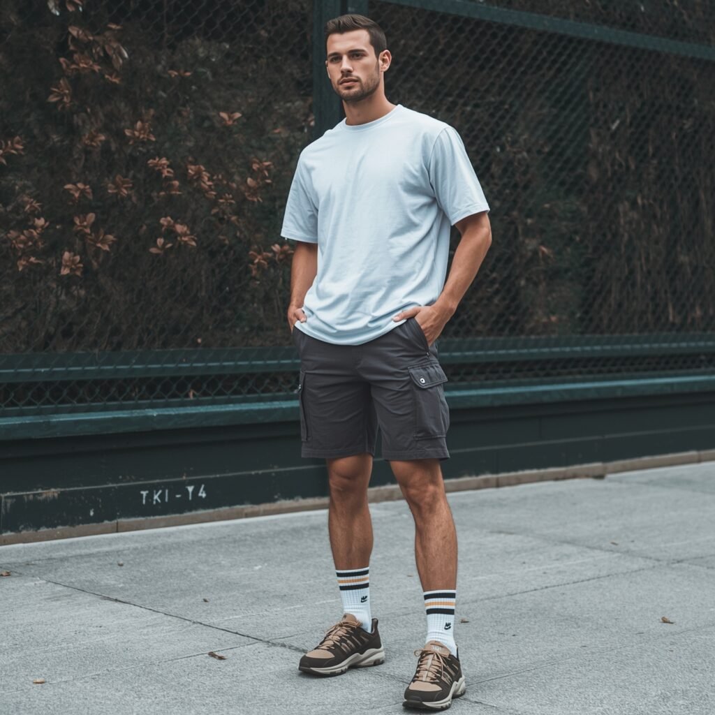Close-up of a young man wearing knee-length cargo shorts, high athletic socks with stripes, and chunky sneakers, showcasing a 2025 Y2K sports-inspired style.