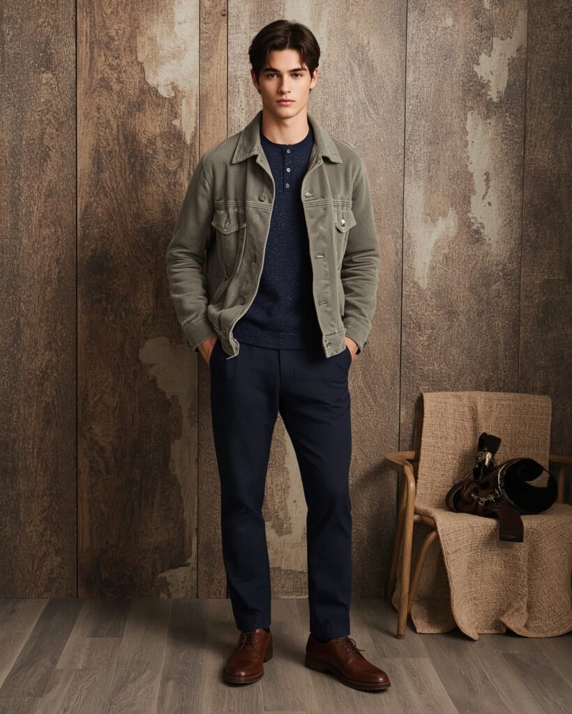 "Man wearing a green jacket over a navy sweater, paired with navy trousers and brown shoes, showcasing a layered casual look for men."