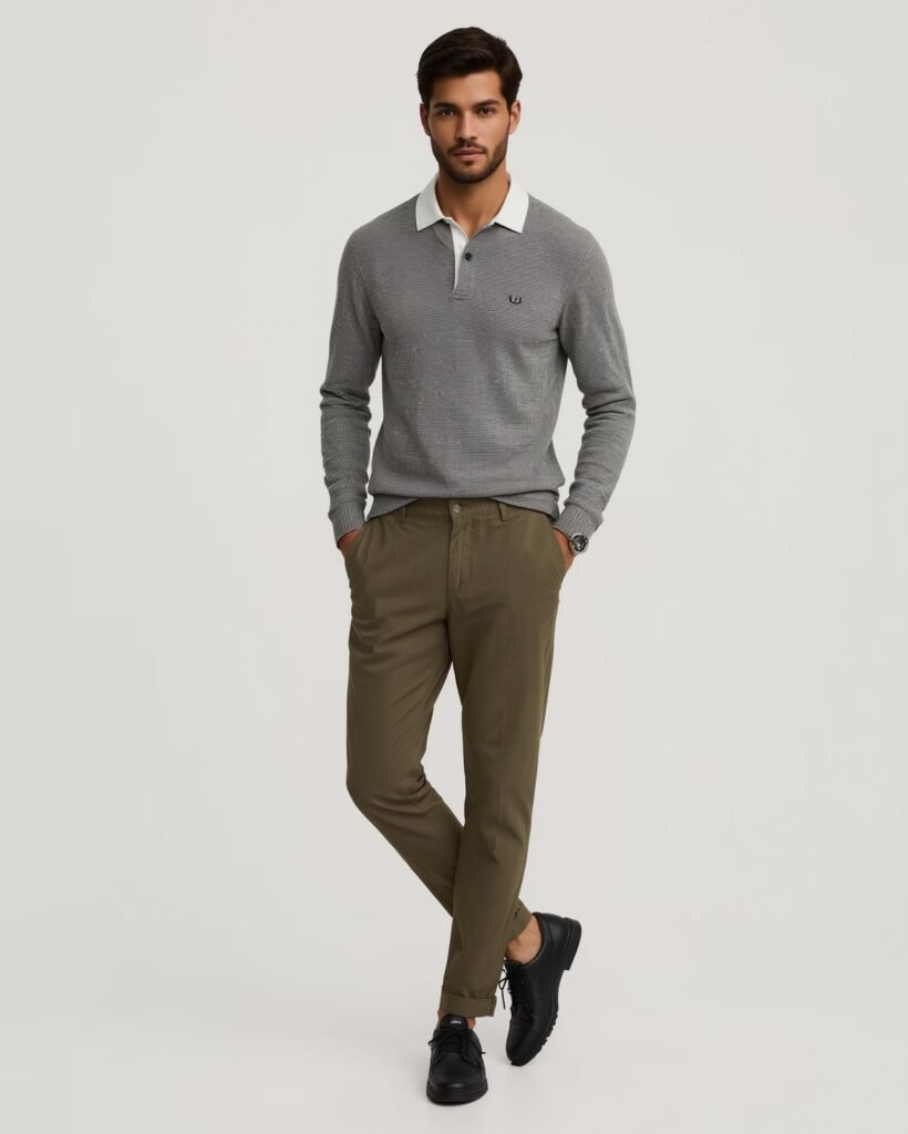Man wearing a grey knit polo shirt with a white collar, olive-green chinos, and black leather shoes — a refined yet relaxed outfit for modern men.