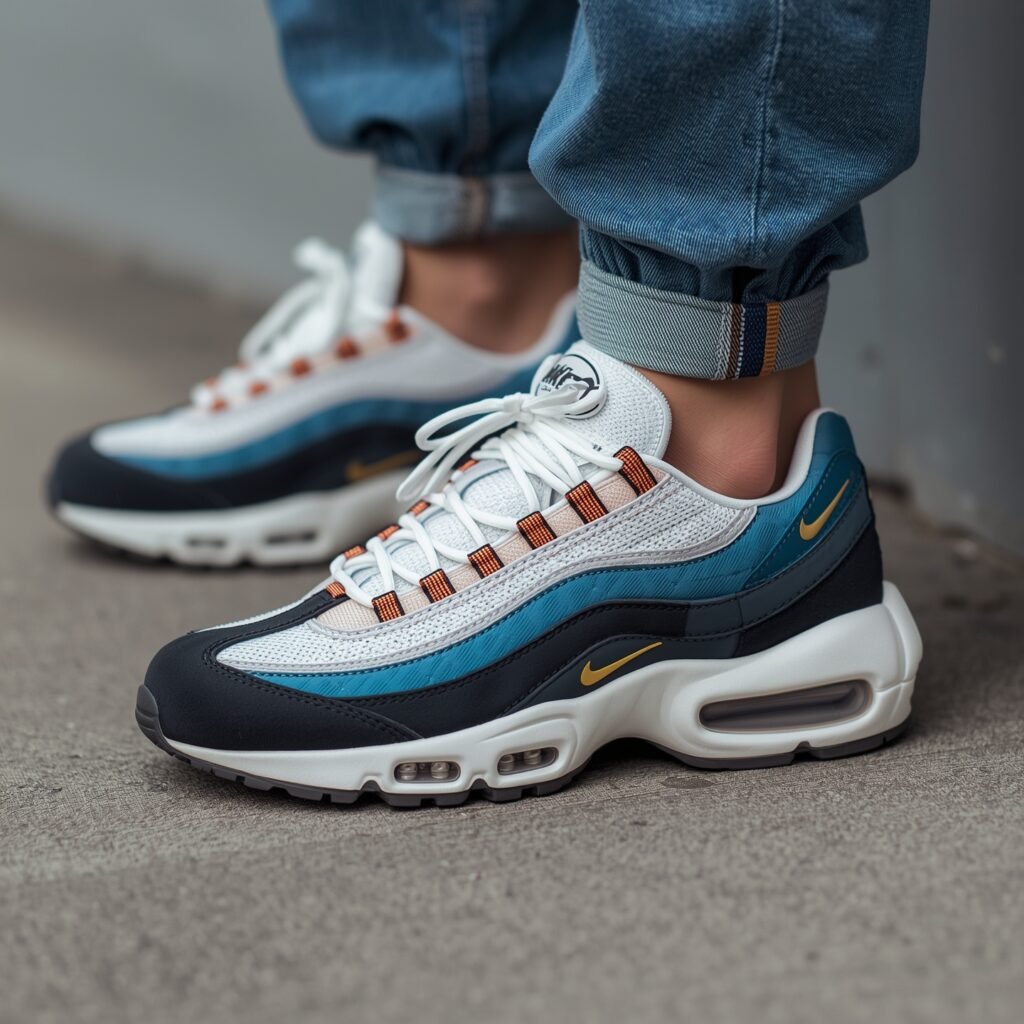 Close-up shot of Nike Air Max sneakers in a bold colorway, paired with cuffed denim, reflecting 2025 Y2K footwear trends.