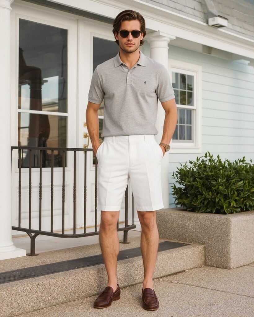 Man in a grey polo shirt and white shorts, dressed in a smart-casual look with sunglasses and loafers, perfect for a coastal outing.