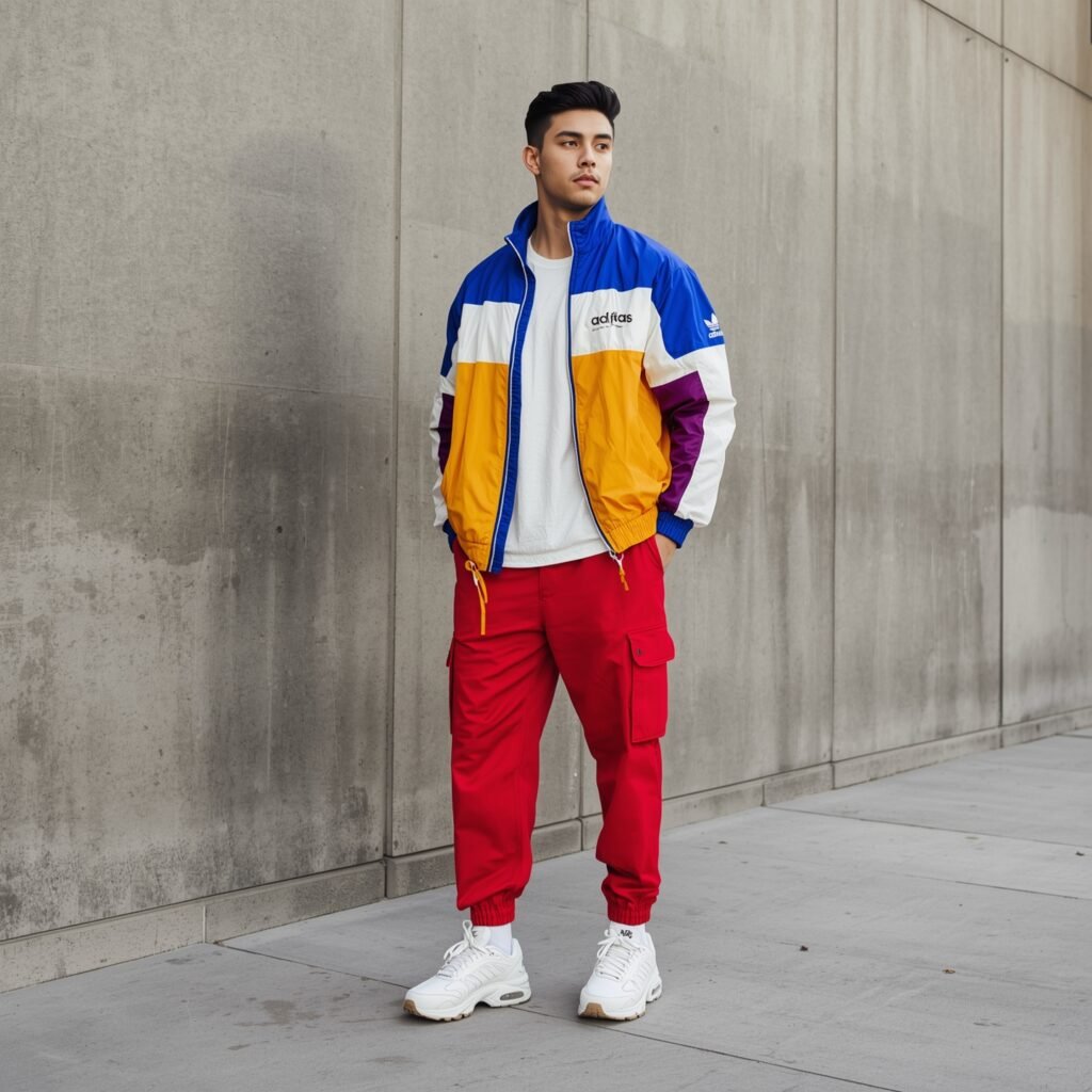Man in color-block track jacket with red cargo pants styled in a modern take on 2025 Y2K men's fashion and retro sportswear trends