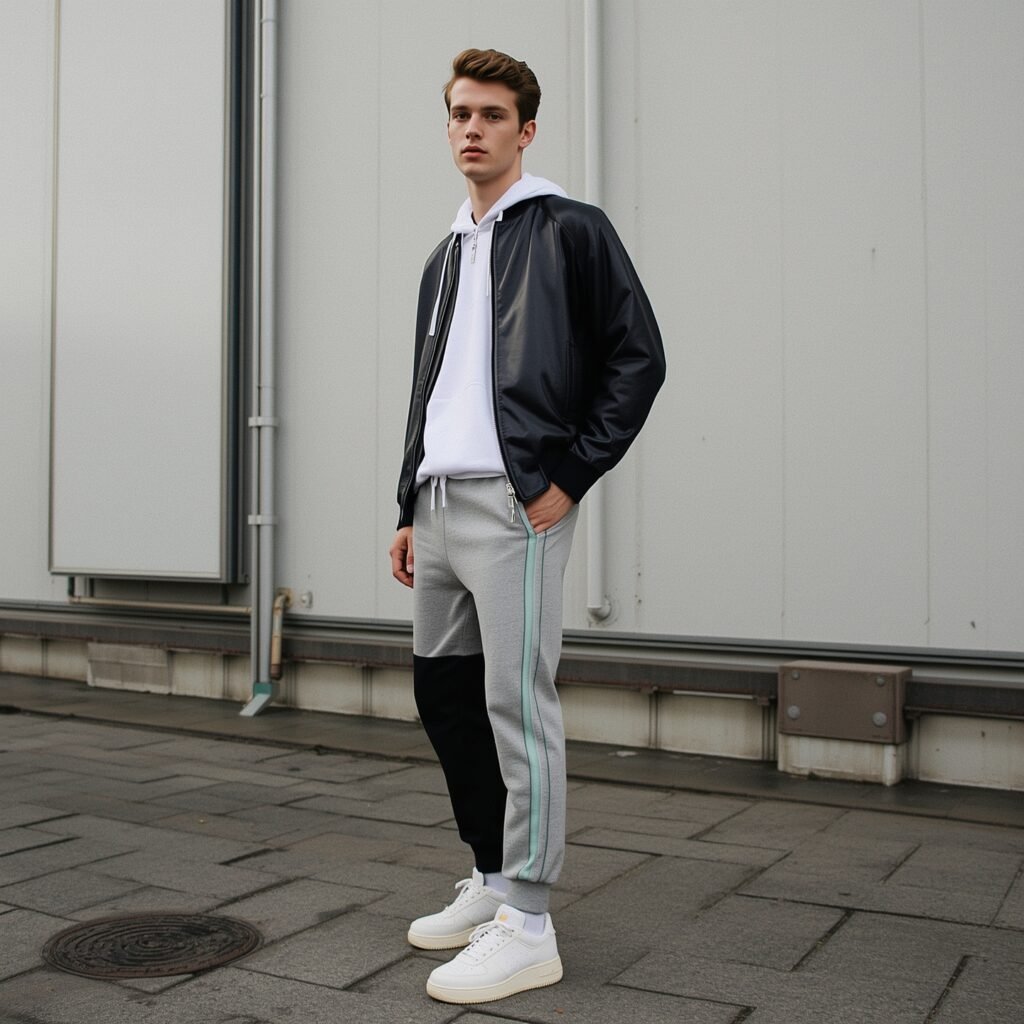 A young man wearing colour-blocked track pants with side stripes, paired with a white hoodie and leather jacket, embodying a 2025 Y2K-inspired casual fashion look.