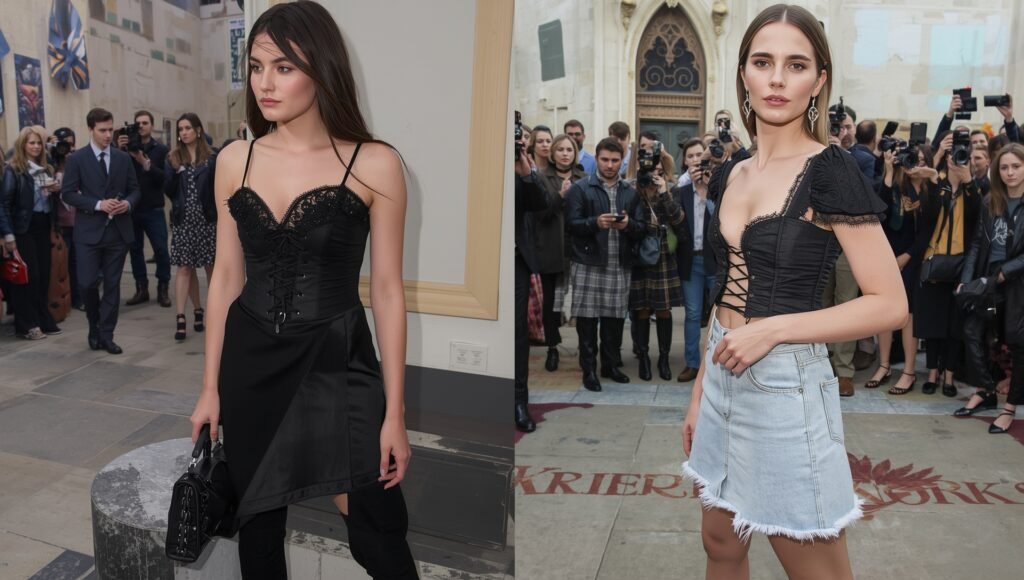 "Hourglass-enhancing corset top paired with a denim mini skirt, creating a dramatic, feminine silhouette perfect for the 2025 fashion scene."