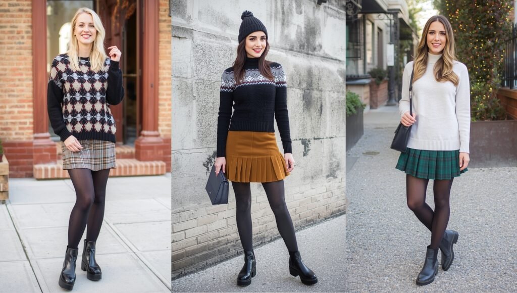 "Chilly weather outfit featuring a cropped knit sweater, plaid A-line skirt, opaque tights, and chunky platform boots, creating a stylish winter look for 2025."