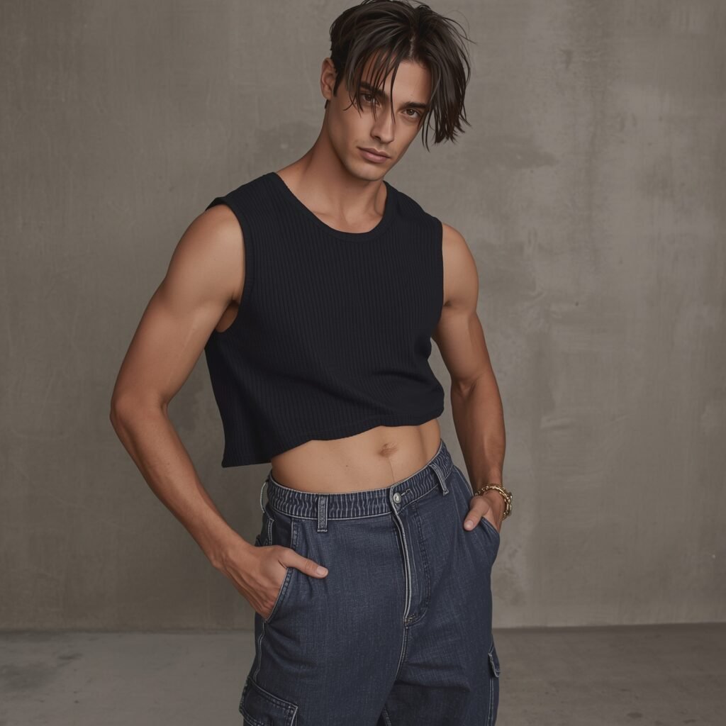 Man wearing a cropped black muscle tank and baggy cargo pants, embodying the 2025 Y2K fashion trend with a relaxed, sporty look.