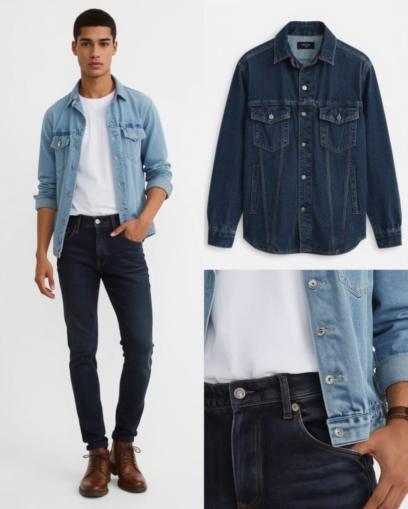 "Man wearing a light denim jacket and dark jeans with brown boots, showcasing a classic casual look for men."