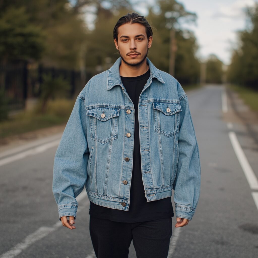 Man wearing a light denim jacket paired with dark baggy jeans, styled with a contrasting black tee for a 2025 Y2K-inspired denim-on-denim look.