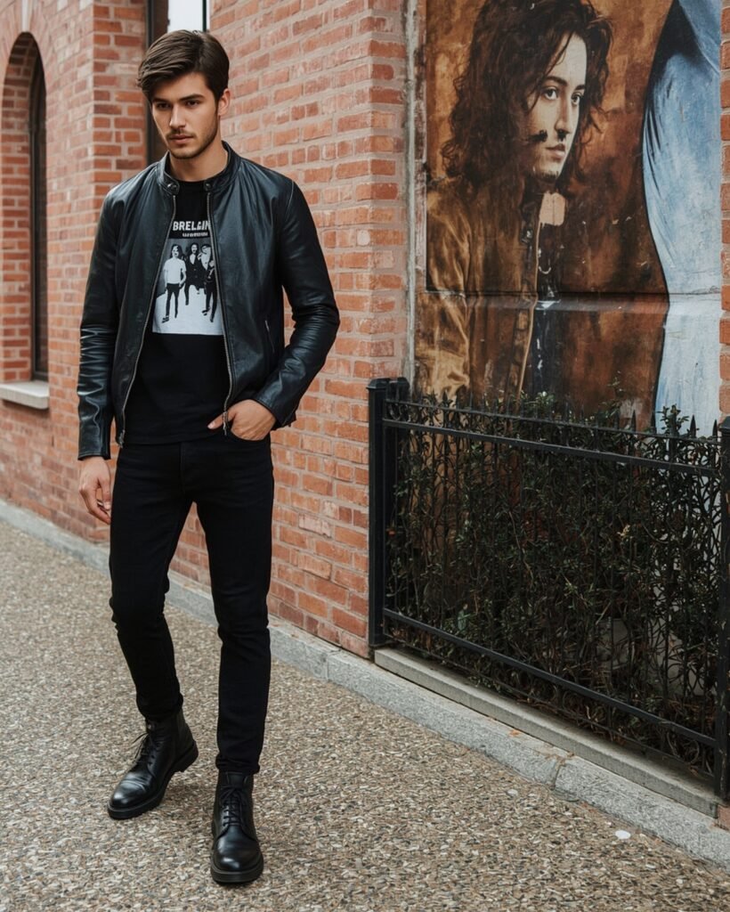 “Stylish man in a sleek black leather jacket, graphic T-shirt, slim-fit jeans, and lace-up boots standing against a brick wall — a bold streetwear-inspired casual look.”
