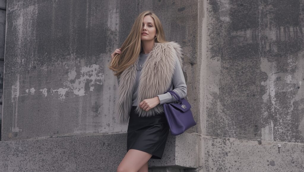 "Faux fur vest layered over a thin knit and mini skirt, adding warmth and texture to a chic Y2K-inspired look, perfect for 2025."