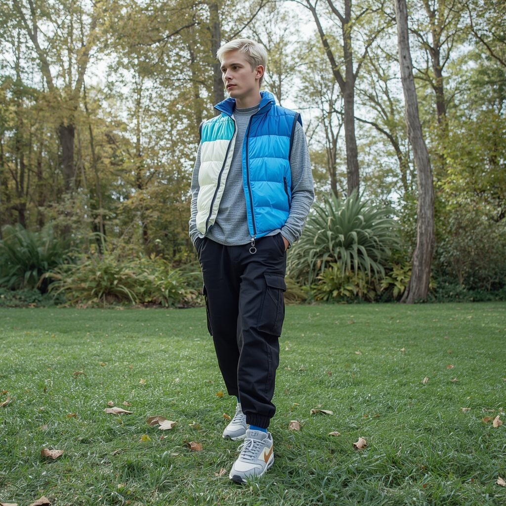 Man wearing a colorful sleeveless puffer vest over a long-sleeve tee, paired with cargo pants and sneakers, capturing a 2025 Y2K-inspired sporty look.
