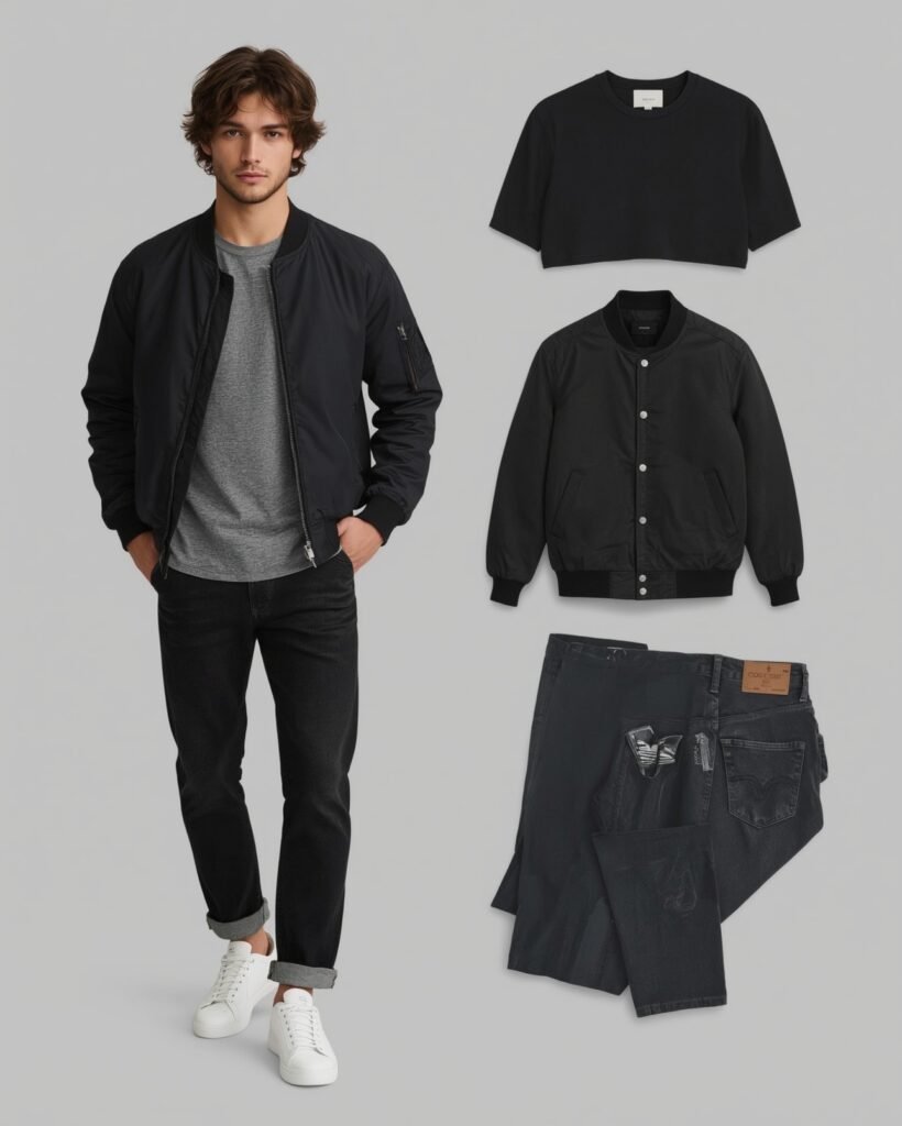 Young man in a black bomber jacket, grey t-shirt, dark jeans, and white sneakers styled with a modern minimalist casual outfit