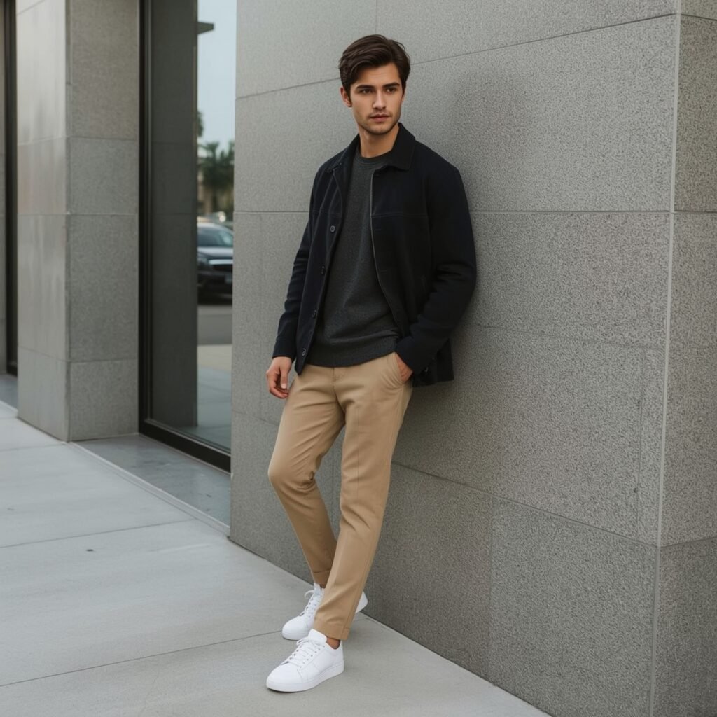 Man wearing beige chinos with white sneakers and a dark jacket, showcasing a modern casual look for men.