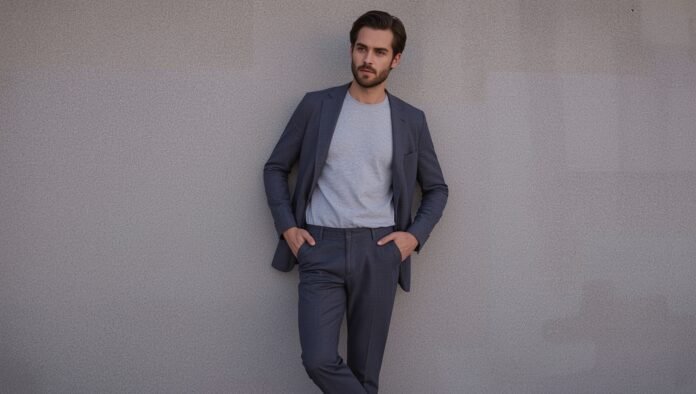 Man wearing a tailored blazer with trousers and a plain t-shirt, showcasing a polished yet relaxed fashion style.