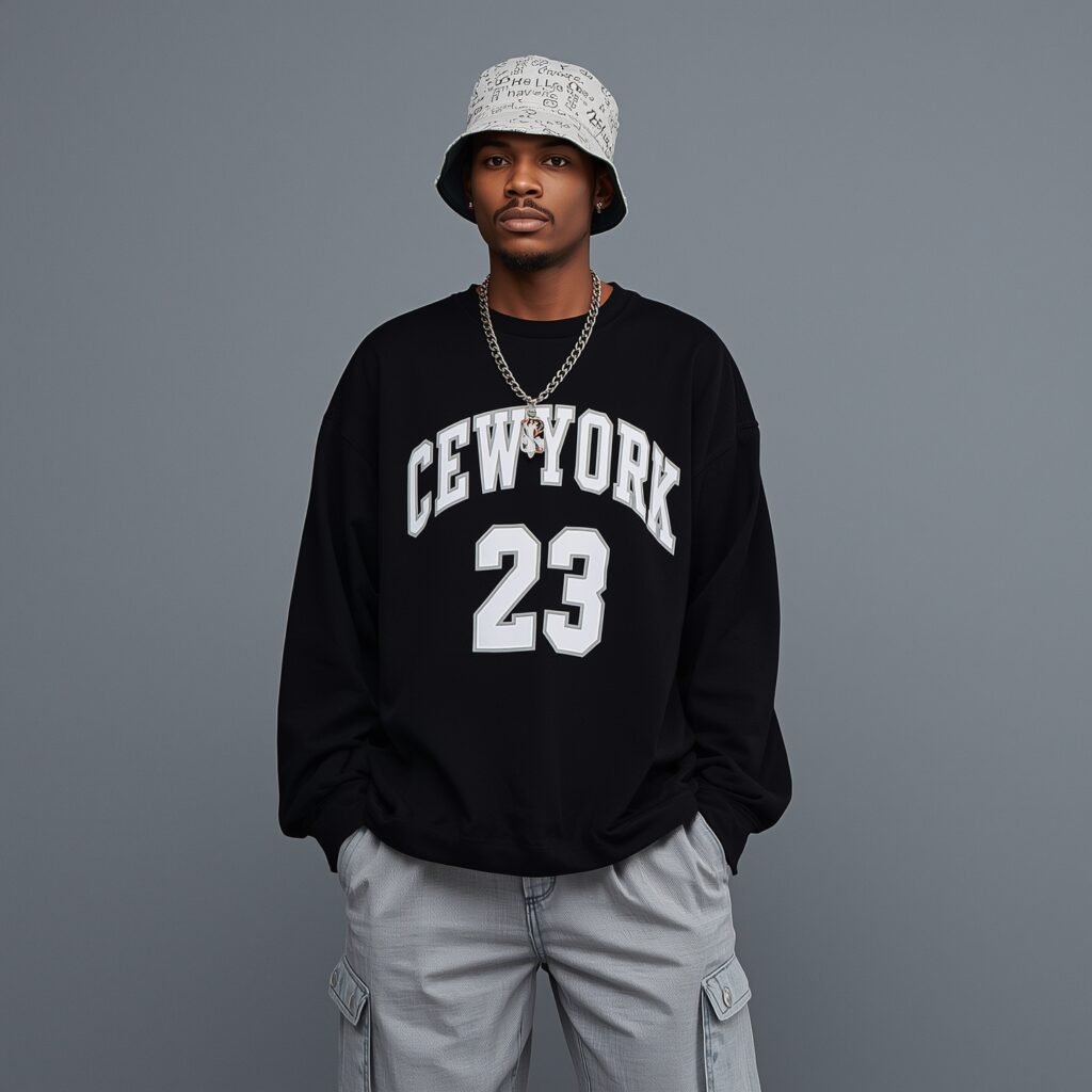 Man wearing an oversized black "CEW YORK" basketball jersey with baggy jeans and accessorized with a chain necklace and bucket hat, embodying 2025 Y2K-inspired sportswear fashion.
