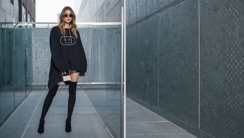 "Fashion-forward look featuring an oversized hoodie paired with thigh-high boots and a mini skirt, embracing the Y2K street style revival in 2025."