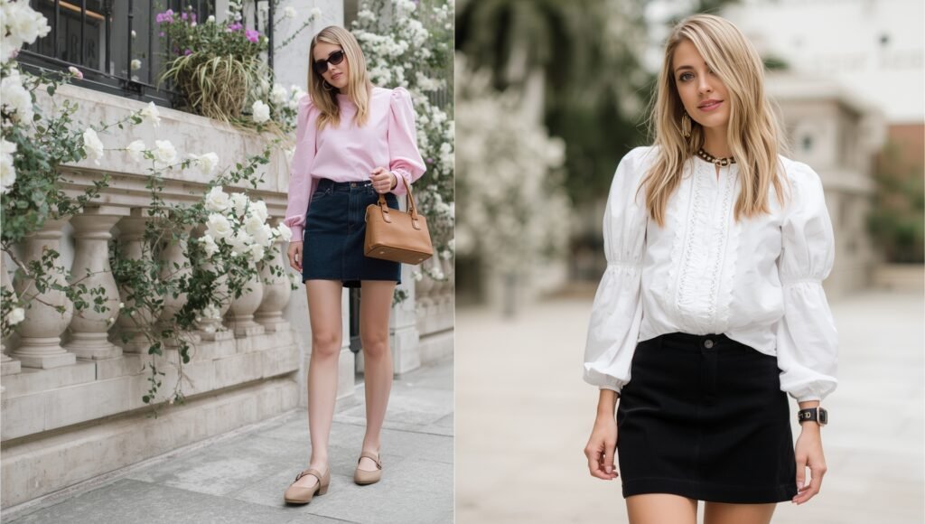 "A romantic puff-sleeve blouse paired with a denim mini skirt, creating a feminine and chic look with ballet flats, ideal for 2025."