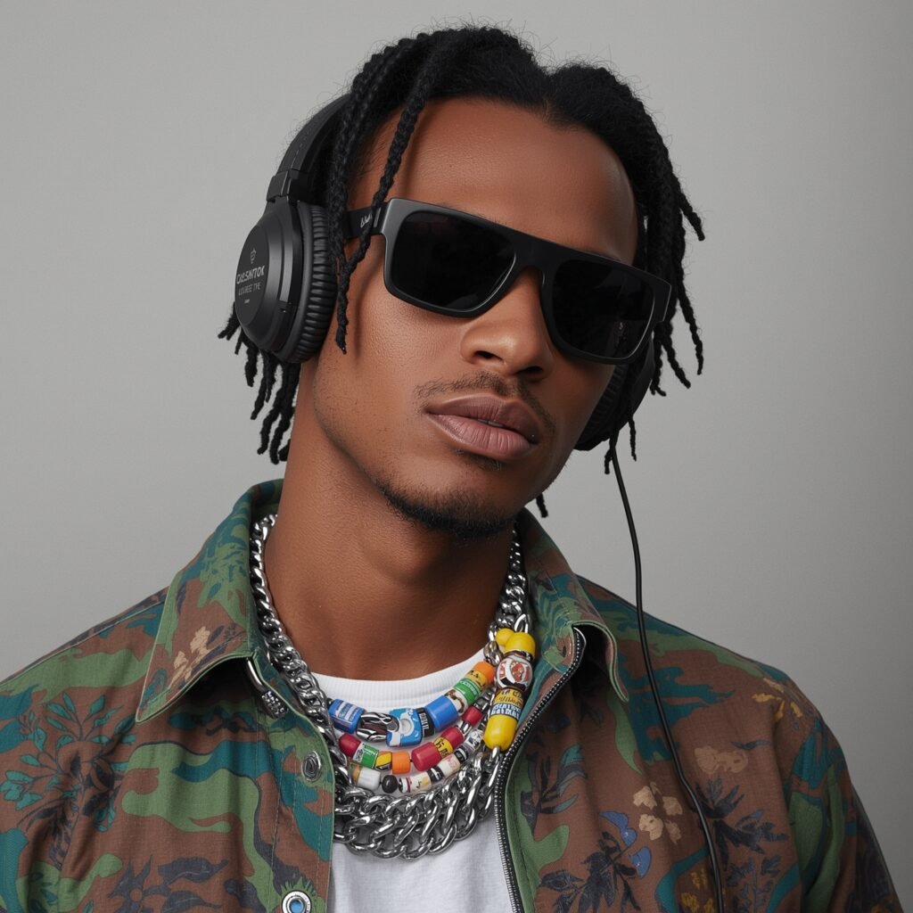 Man wearing chunky chain necklaces, sporty sunglasses, and retro headphones, showcasing a 2025 Y2K-inspired look with bold accessories.