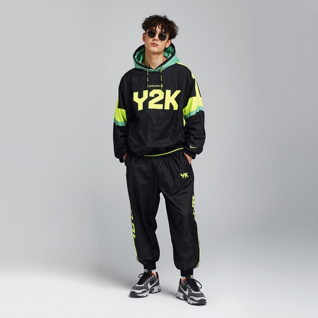 Model wearing retro-inspired sportswear tracksuit with neon accents, representing 2025 Y2K men's fashion trend