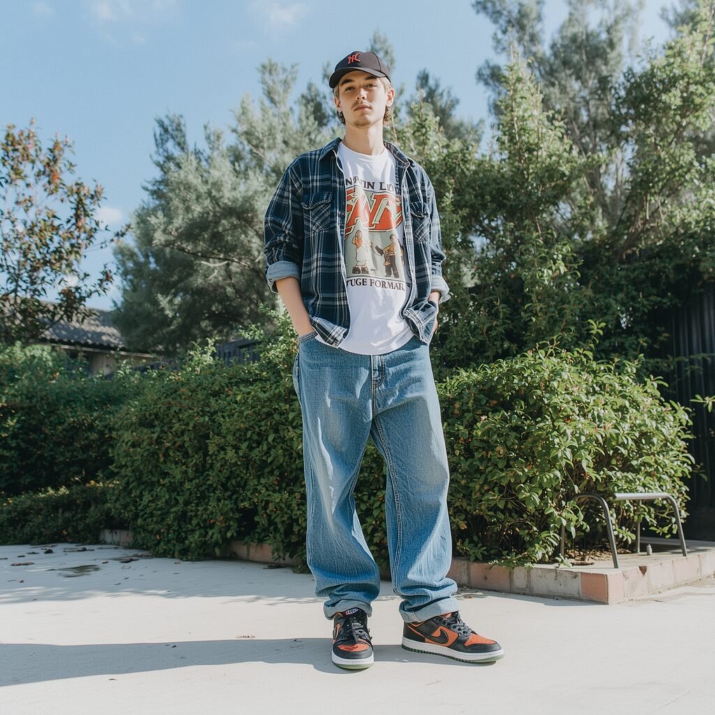 Man wearing baggy denim jeans and a retro graphic tee, showcasing a 2025 Y2K-inspired look with sporty vibes.