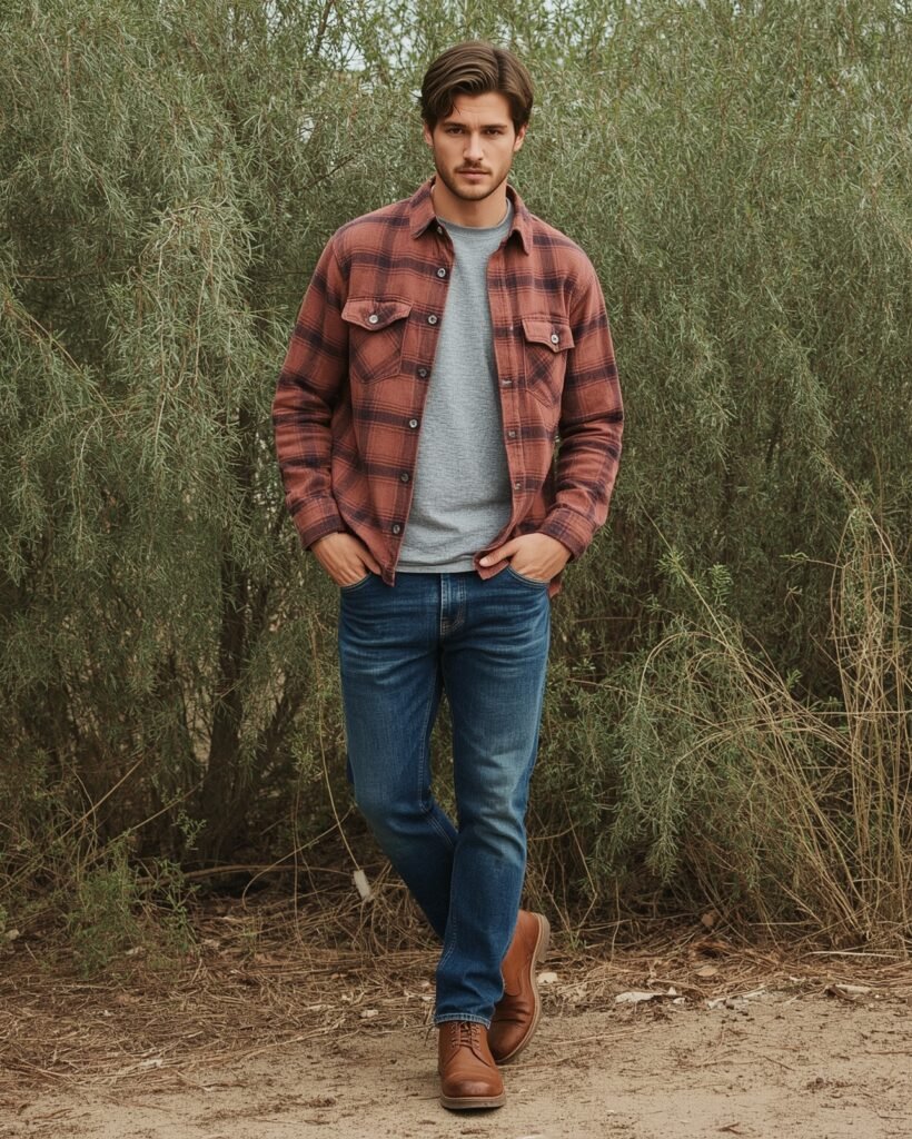 Man in a plaid shirt and jeans standing outdoors, showcasing a stylish and comfortable casual look.