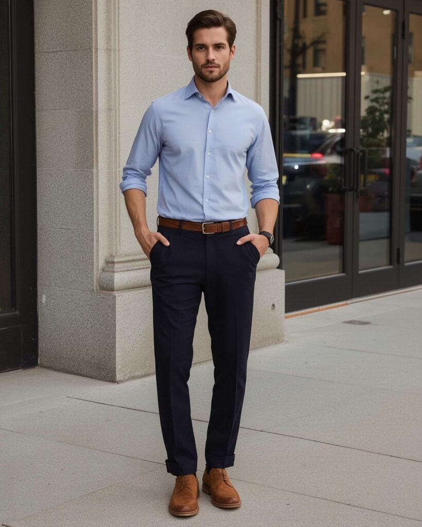 Man dressed in a light blue button-down shirt paired with navy trousers and brown leather shoes, reflecting a polished casual outfit for men.