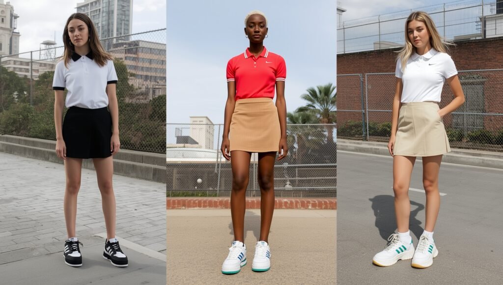 "Modern prep style with a fitted polo, tennis skirt, and chunky platform sneakers, combining Y2K fashion with sporty sophistication in 2025."