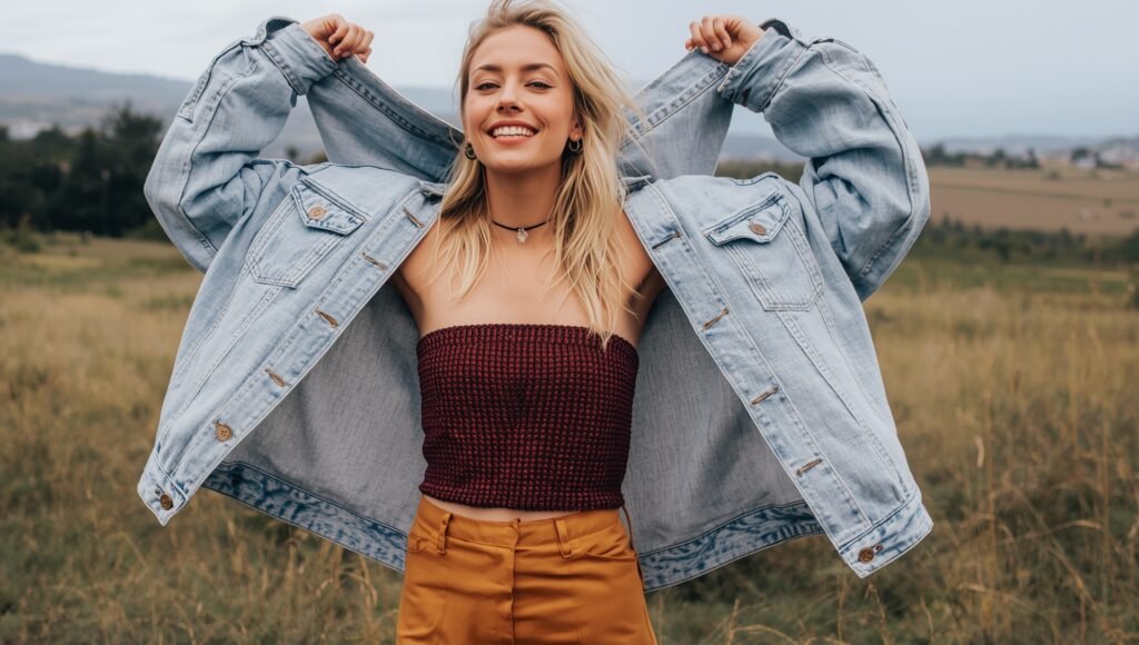 "Effortless summer festival look featuring a tube top paired with a denim jacket and mini skirt, perfect for a laid-back yet chic Y2K vibe in 2025."