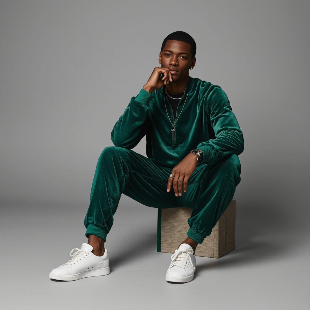 "Man dressed in an emerald green velour tracksuit paired with white sneakers, showcasing a modern twist on retro sportswear style and early 2000s inspired looks"