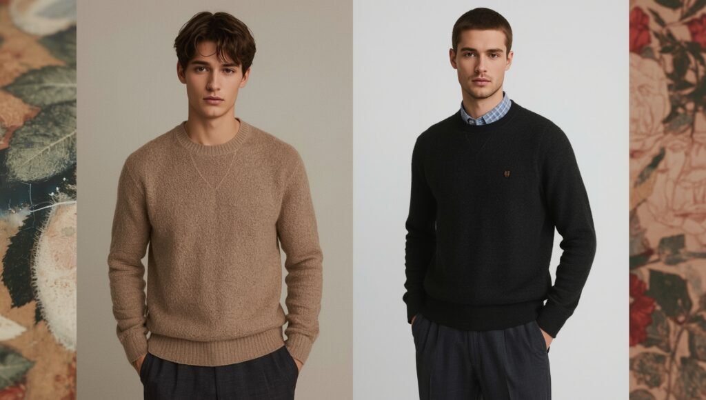“Two stylish men showcasing timeless autumn sweaters—one in a camel knit and the other in a black crew-neck layered over a checkered shirt—perfect essentials for a curated Fall 2025 wardrobe.”