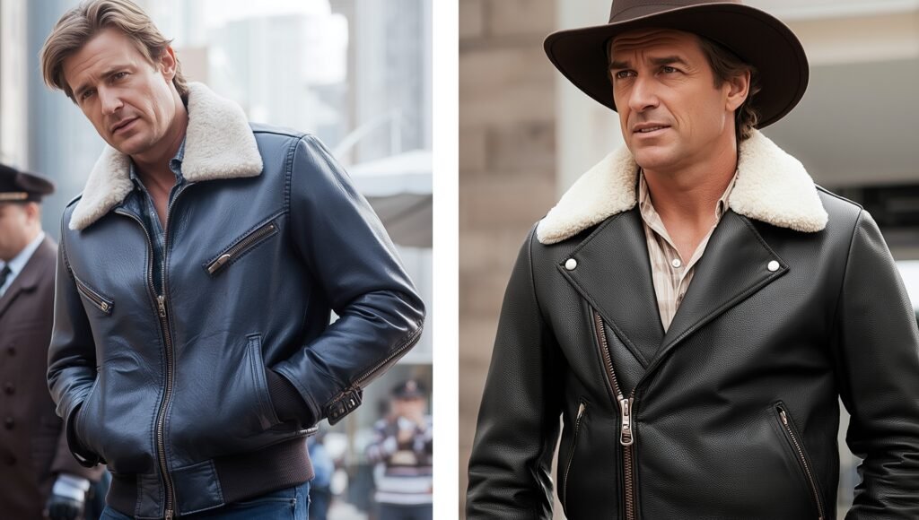 Men wearing classic aviator leather jackets with shearling collars, showcasing timeless outerwear inspired by pilot heritage and updated for modern winter 2025 fashion.