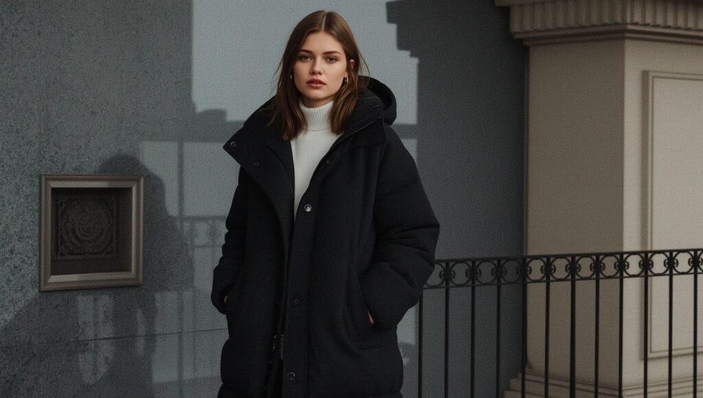 Woman wearing an oversized black padded winter coat styled with a turtleneck sweater, showcasing elegant cold-weather fashion for women.