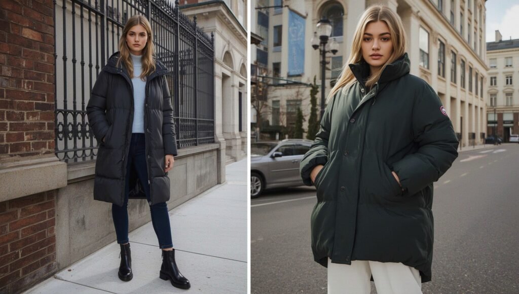 Two women wearing sleek insulated puffer coats in different lengths—one in a long winter style and one in a mid-calf design—showcasing versatile cold-weather fashion.