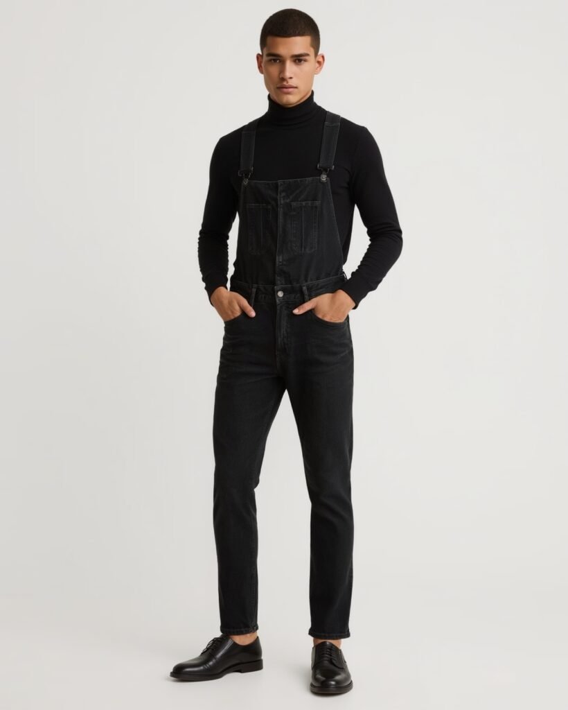 Man dressed in slim-fit black denim dungarees layered over a black turtleneck with polished leather shoes, creating a refined smart-casual look.