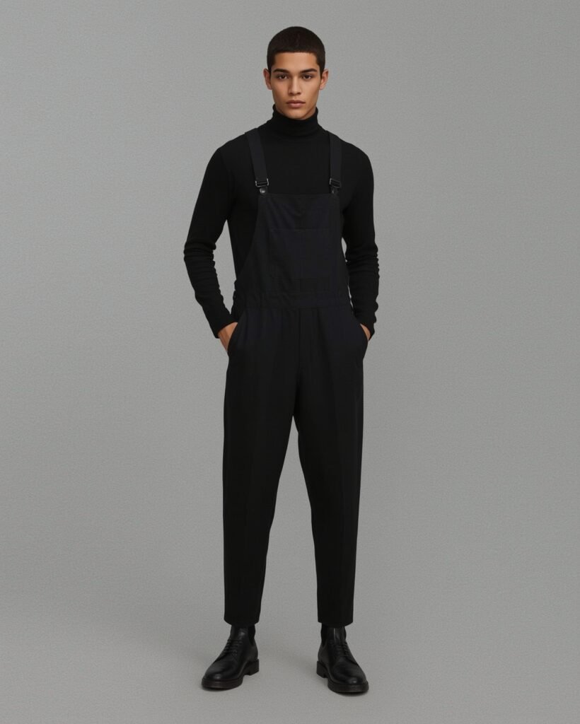 Man wearing black dungarees over a black turtleneck, showcasing a sleek monochromatic outfit for men’s fashion inspiration.