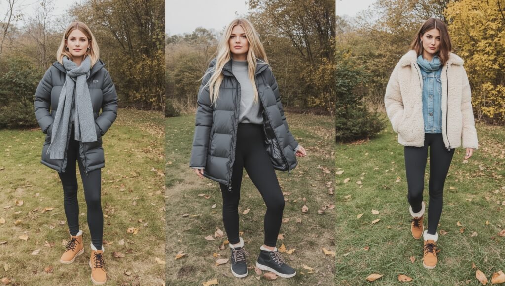 Women in cozy winter outfits wearing padded jackets, leggings, and boots styled for a relaxed weekend look outdoors
