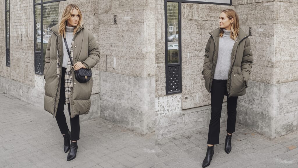 Stylish woman wearing an oversized olive-green puffer coat layered over a grey cashmere sweater with ankle boots and a cross-body bag, showcasing a polished winter street style look.