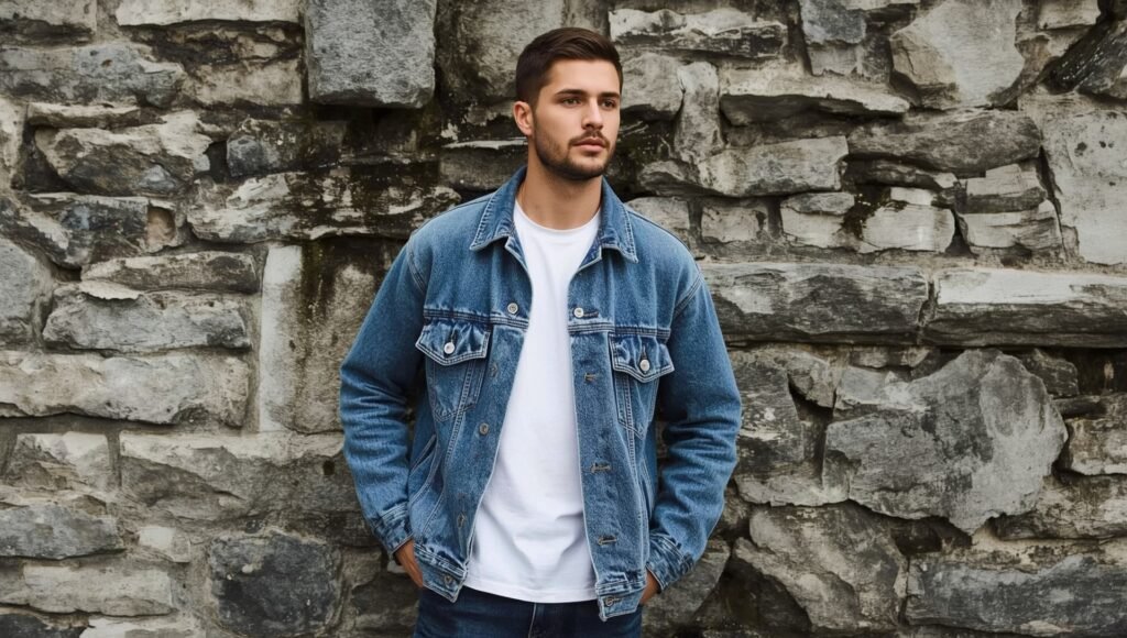 "Man in a casual blue denim jacket paired with a plain white t-shirt, highlighting versatile layering ideas for men’s fall 2025 fashion."