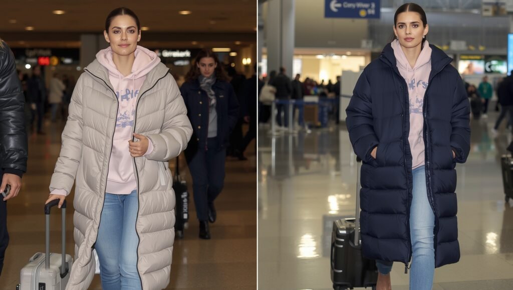 "Stylish traveler wearing a warm oversized padded coat layered over a pink hoodie and jeans while walking through the airport with a suitcase."