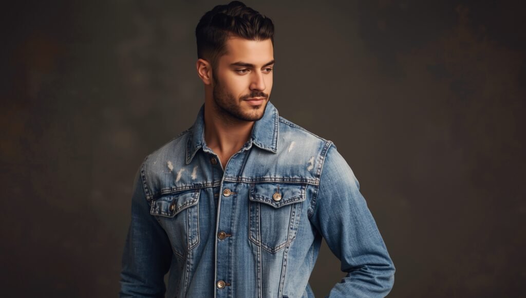 Man wearing a lightly distressed blue denim jacket with vintage fading and rugged texture, highlighting casual men’s outerwear trends for the 2025 winter season.