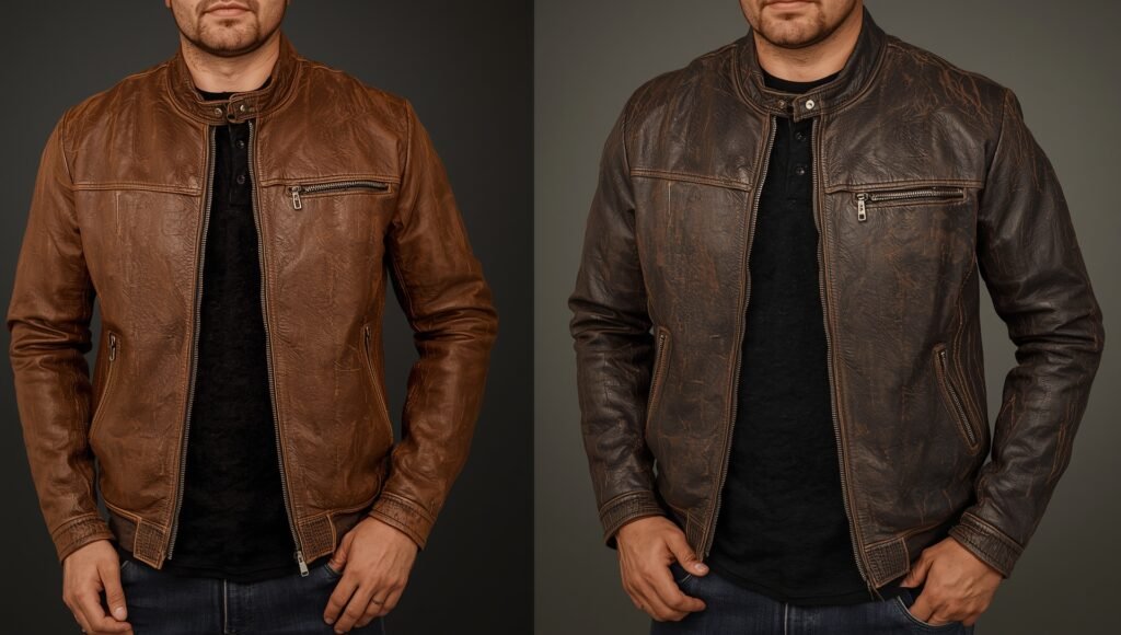 “Side-by-side view of men wearing brown and dark leather jackets, showing the texture contrast between new and aged finishes for a rugged winter look.”