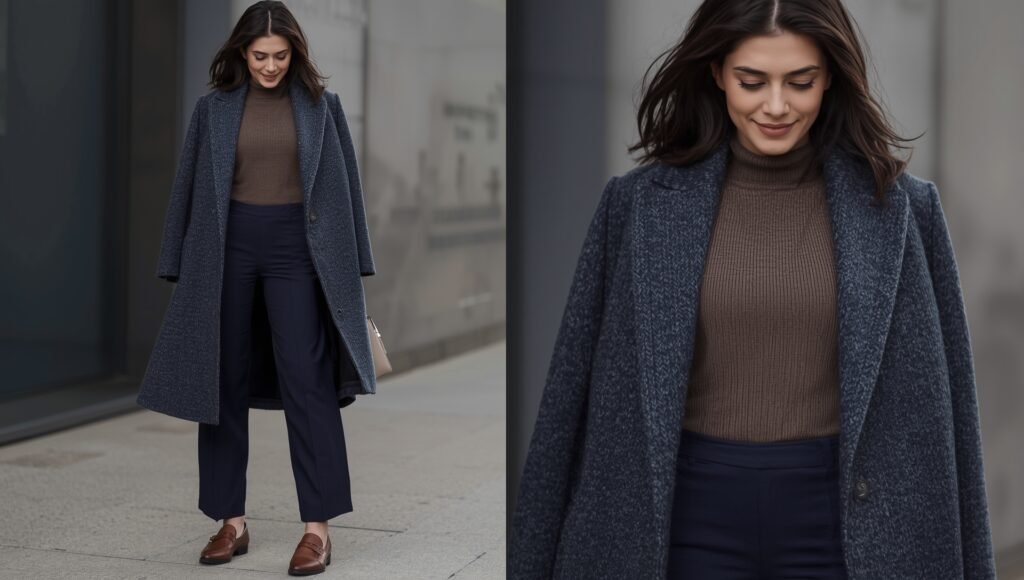 "Stylish woman wearing a cozy oversized wool coat layered over a brown turtleneck and navy trousers, creating a polished winter office outfit."