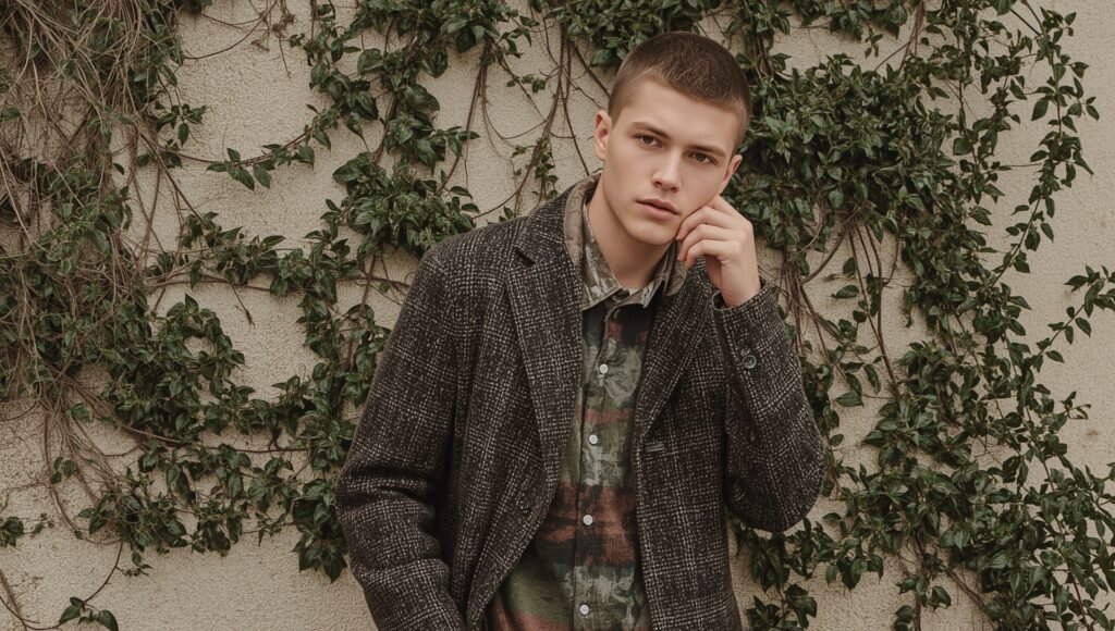 Stylish young man wearing a patterned coat and layered shirt, showcasing trendy outfit ideas for a modern autumn 2025 wardrobe