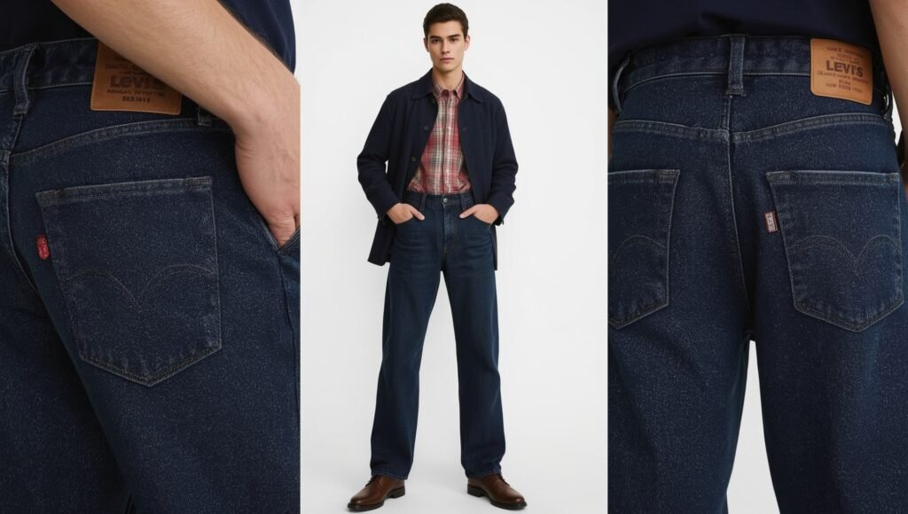 "Classic dark wash jeans styled with a plaid shirt and navy jacket, highlighting a versatile outfit idea for men’s autumn 2025 fashion."