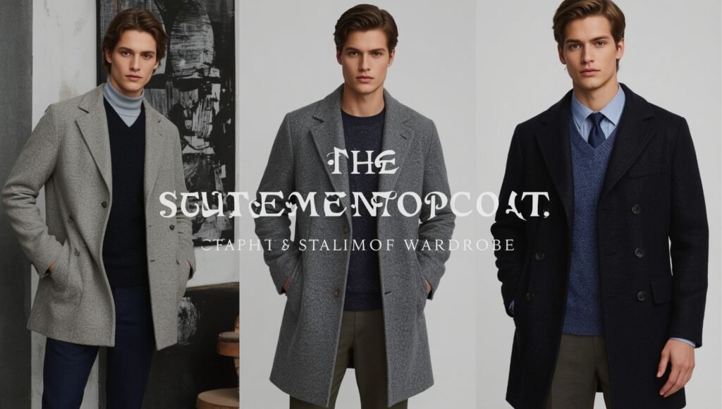 “Men’s statement topcoats in grey and navy, styled for a modern capsule wardrobe—an essential outerwear piece for the Fall 2025 wardrobe.”