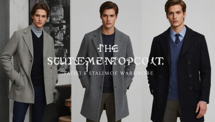“Men’s statement topcoats in grey and navy, styled for a modern capsule wardrobe—an essential outerwear piece for the Fall 2025 wardrobe.”
