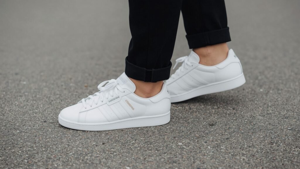 “Classic white sneakers styled with black pants, a minimalist fashion staple for building a Fall 2025 wardrobe.”